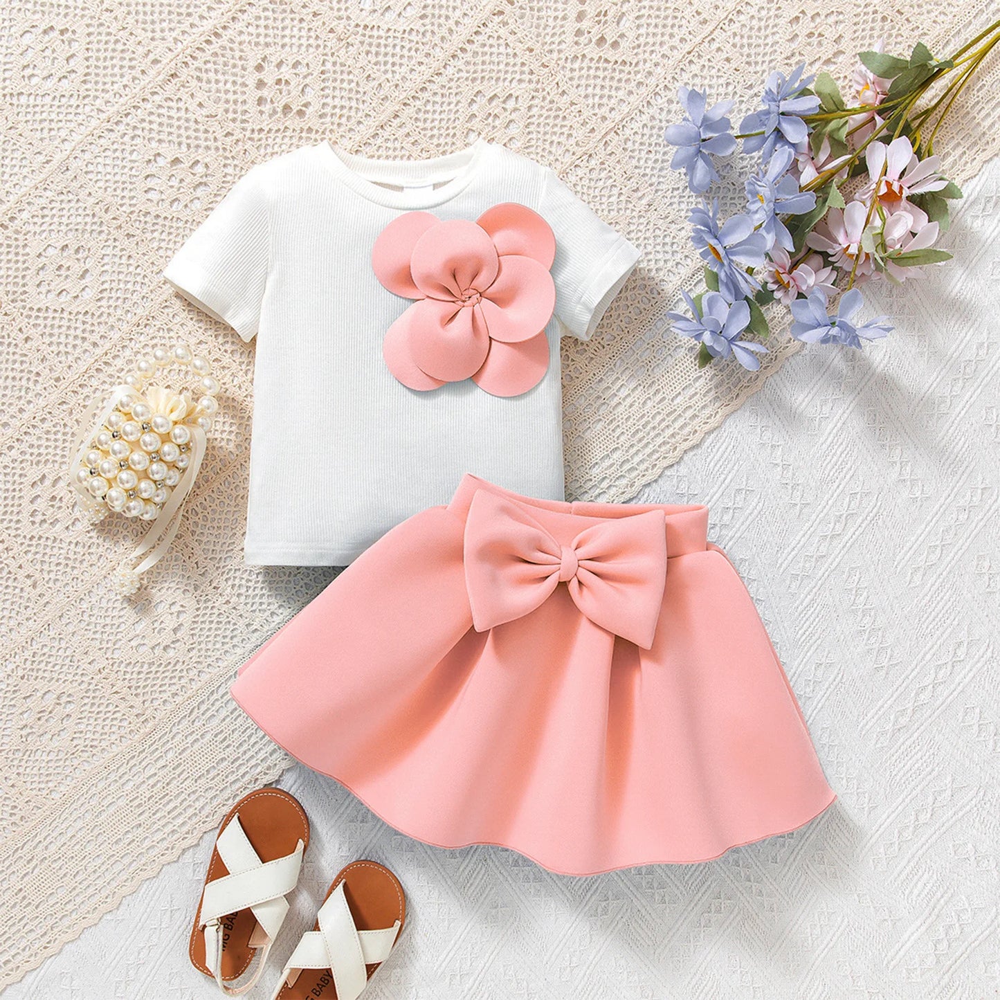 Toddler Girl 2PCS Summer Set – One-Shoulder T-Shirt & Skirt