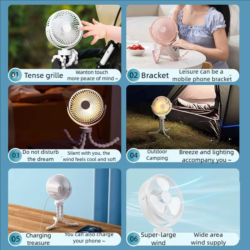 Baby Stroller Fan Mini Portable Outdoor Fan USB 3 Speed Flexible Octopus Fan Tripod Clip on Handheld Fan for Stroller Crib