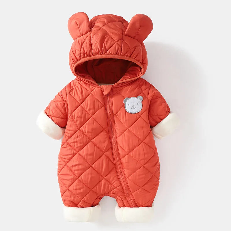 Autumn Winter Kids Boys Rompers Cotton Padded Bear Printed Thicken Newborn Boys Bodysuits Warm Argyle Hooded Infant Boy Jumpsuit