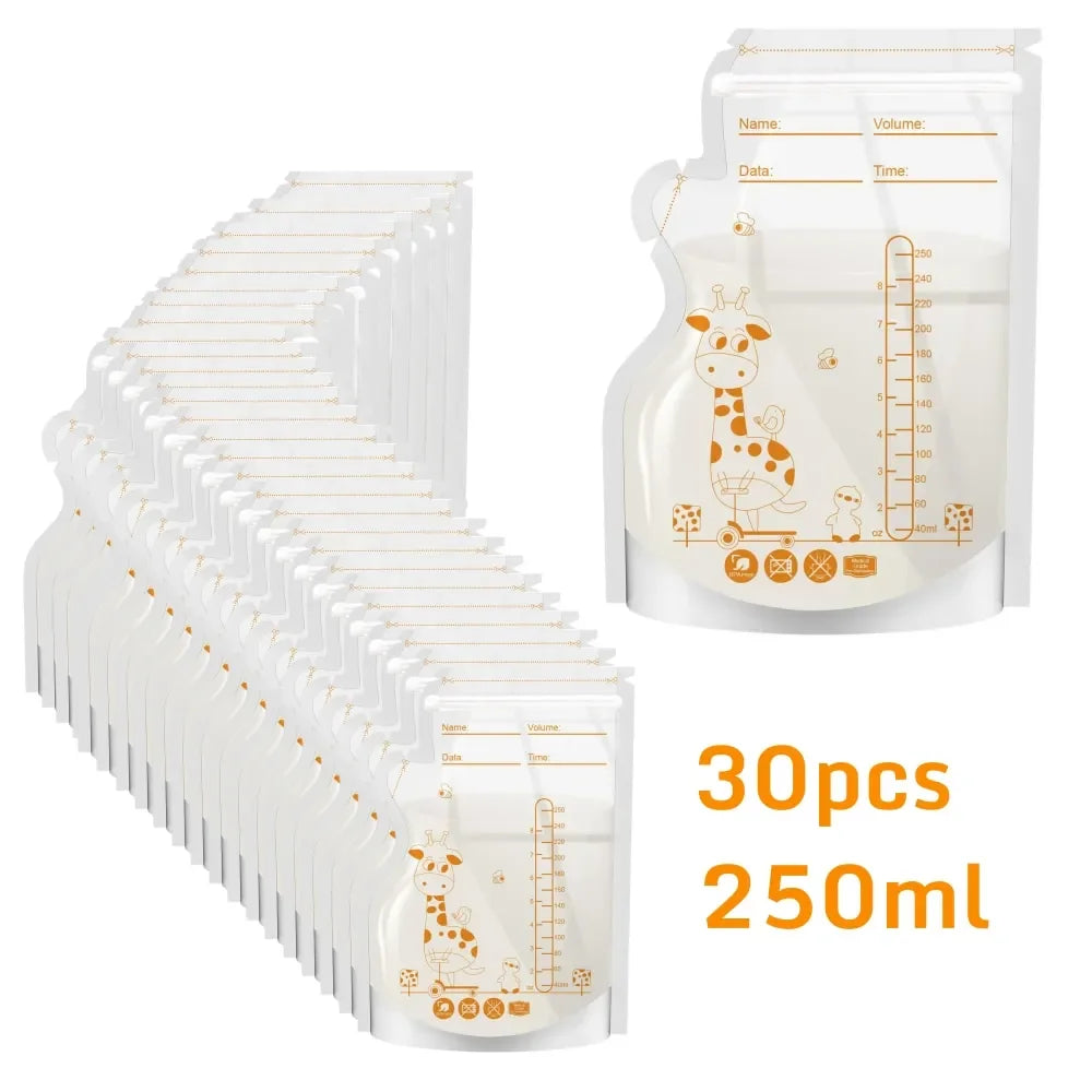 250ml  30/100pcs Breastmilk Storage Bag Self Standing Baby Food Storage Containers No Leak Milk Freezer Bags Safe Feed BPA Free