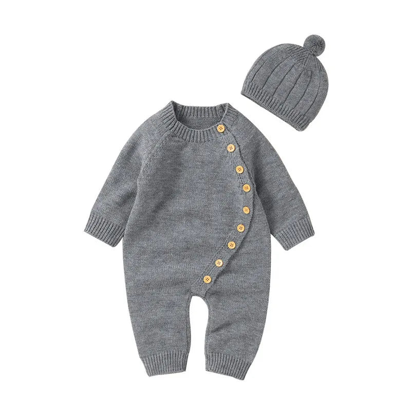 Combinaison en maille chaude à manches longues et col rond avec fermeture boutonnée, collection automne-hiver 2023, pour nouveau-né garçon ou fille, avec bonnet assorti.