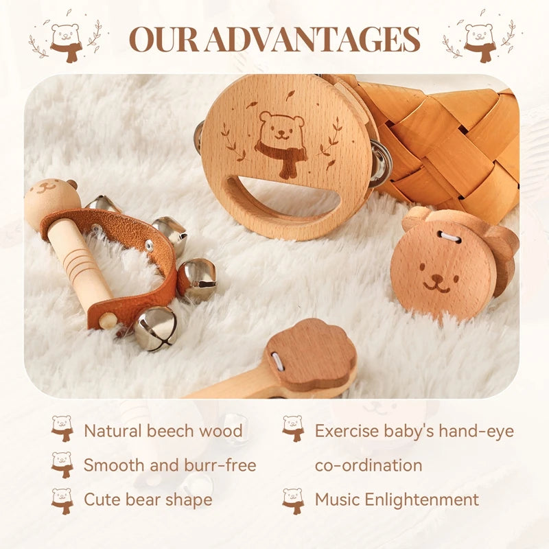 Wooden Musical Instrument Cartoon Bear Rain Drum, Castane,Rattle, Thumb Fiddle Baby Music Educational Toy Set Gift For Newborns