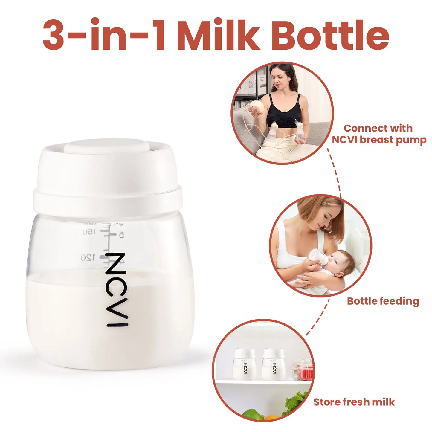 NCVI Breast Milk Storage Bottles, Baby Bottles with Nipples and Travel Caps, Anti-Colic, BPA Free, 2 Count