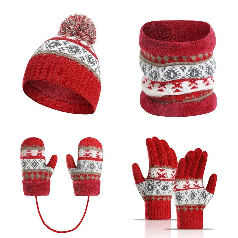 4pcs/Set Children's Knitted Hat Thick Warm Neck Scarf Gloves Mittens Outdoor Playing For Cold Weather Winter Necessearies