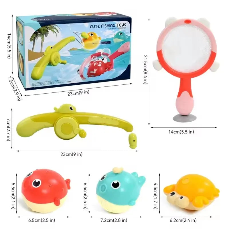 Children Taking A Shower Playing in The Water Bathroom Toys Glowing Animals Fishing Rods Magnetic Suction Catching Toys