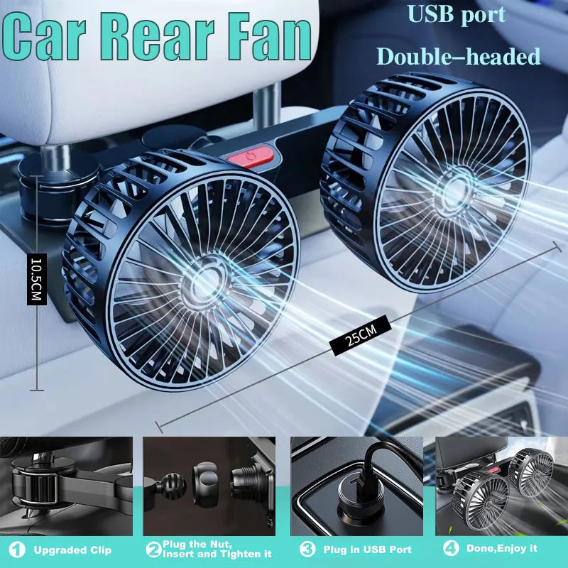 New Car Fan 3-speed Car Seat Back Cooling Fan 360° Rotation Double Head Car Back Seat Fan 5 Fan Blades for Summer Car Accessorie