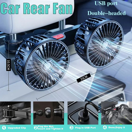 New Car Fan 3-speed Car Seat Back Cooling Fan 360° Rotation Double Head Car Back Seat Fan 5 Fan Blades for Summer Car Accessorie