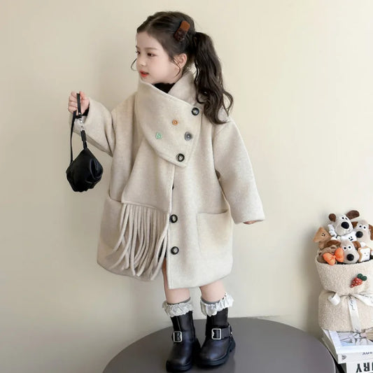 Manteau d'automne-hiver pour petite fille, coloré, à boutons et poches, coupe ample et chaude, écharpe douce.