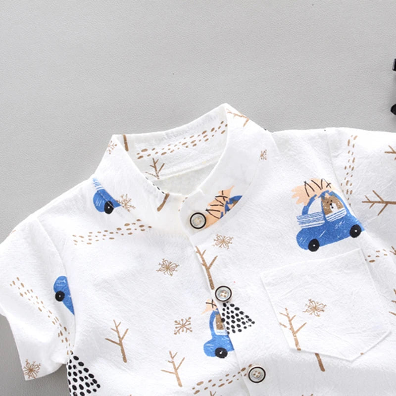 Children's Summer Full Print Teddy Bear Cartoon Shirt Short Sleeved Shorts Set