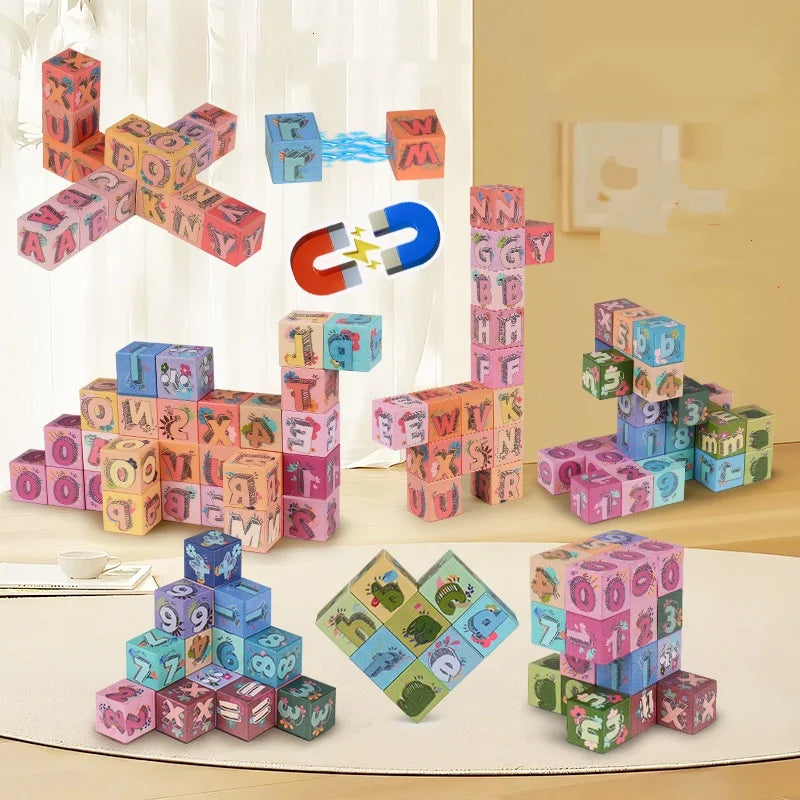 Magnetic Alphabet Blocks Set STEM Learning Toys for Kids DIY Alphabet Number Pattern Montessori Early Education Puzzle Toy