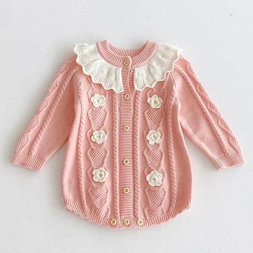 2025 New Autumn Children Clothes Infant Baby Girls Long Sleeved Splicing Knitted Jumpsuit Newborn Baby Knitted Bodysuits+Hat