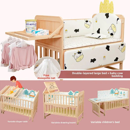 Solid Wood Baby Crib Convertible Toddler Bed Movable Newborn Bassinet Cradle Multi Functional Infant Bed For Babies Boys Girls
