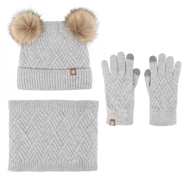 Winter Velvet Outdoor Travel Warm Knit Children's Colorful Wool Ball Hat Scarf Gloves Three Piece Set Luxury Holiday Gift