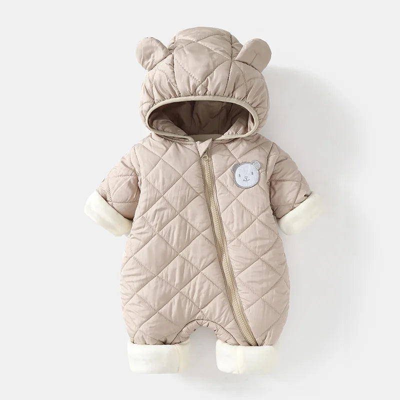 Autumn Winter Kids Boys Rompers Cotton Padded Bear Printed Thicken Newborn Boys Bodysuits Warm Argyle Hooded Infant Boy Jumpsuit