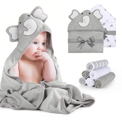 Momcozy Cute Elephant Hooded Baby Towel- 8 Piece Bath Essential, 2 x Towels and 6 x Wash Cloth Set- Perfect Shower