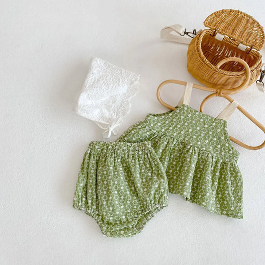 Summer new baby clothing, 0-3 year old  baby   girl  chrysanthemum jacquard suspender top+bread pants two-piece set