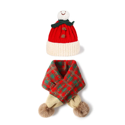 Children's Winter Red Hat And Scarf Set Cartoon Snowman Design Warm Knitted Scarf Cap for Boys And Girls Xmas New Year's Gift