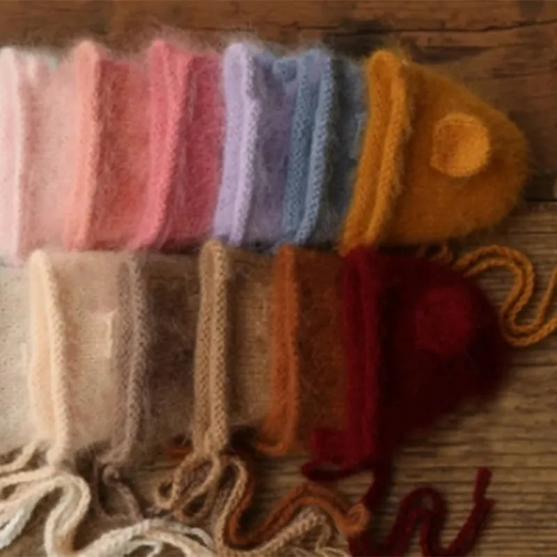 Fluffy Mink Thread Newborn Knit Hat with Ears Photo Prop