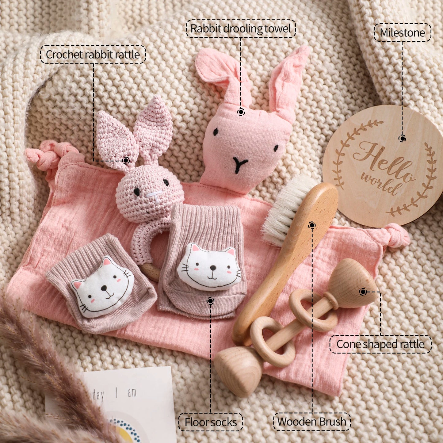 7-Piece Newborn Baby Gift Set – Double-Sided Blanket, Rattle & Bath Essentials