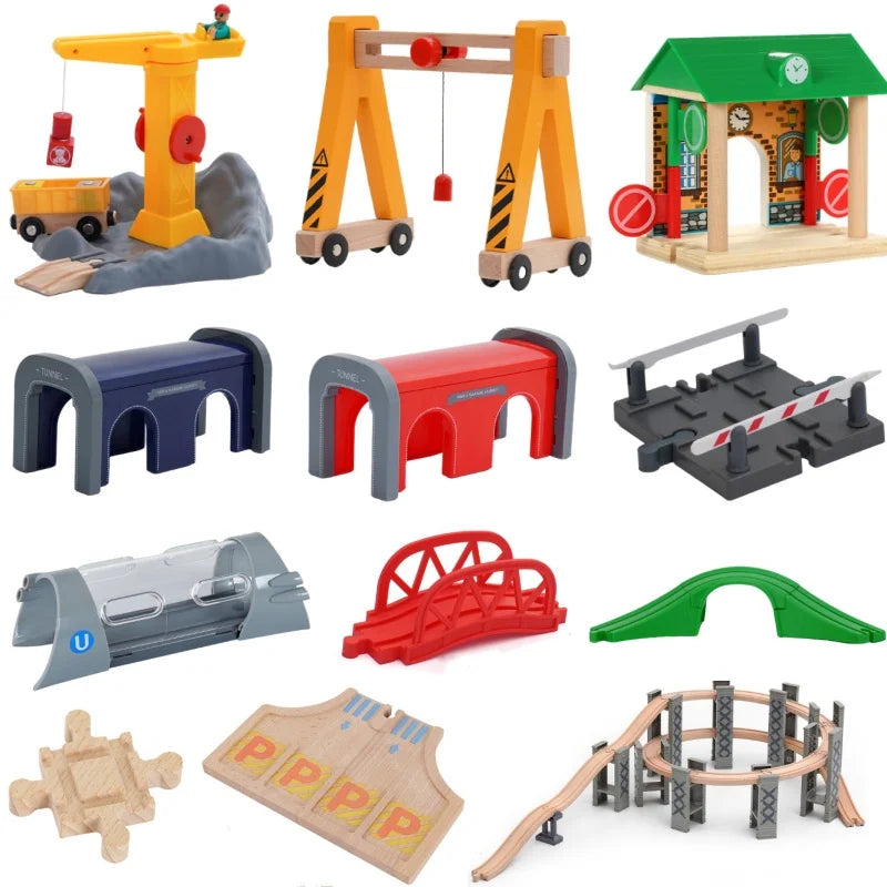 Wooden Train Track Racing Railway Street Sign Toys Bridge Tunnel Track Accessories Wood Tracks Creative Toys For Children Gift