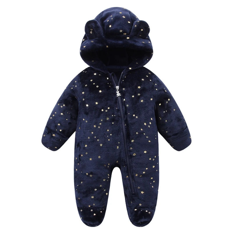 Boys & Girls Fleece-Lined Romper with Hat  for Autumn & Winter Infant Cute Star-Print Footed Onesie Halloween Warm Bodysuit