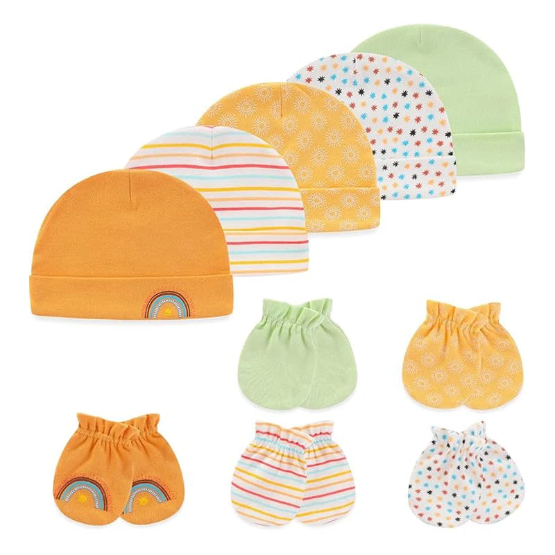 Unisex Cotton Newborn Baby Hat and Gloves Set 10Pieces