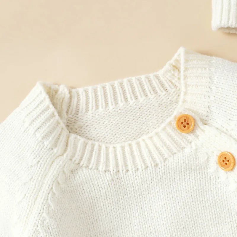 Combinaison en maille chaude à manches longues et col rond avec fermeture boutonnée, collection automne-hiver 2023, pour nouveau-né garçon ou fille, avec bonnet assorti.