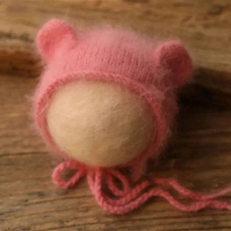 Fluffy Mink Thread Newborn Knit Hat with Ears Photo Prop