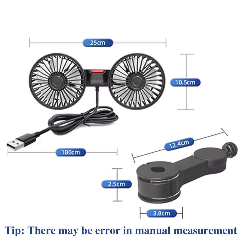 New Car Fan 3-speed Car Seat Back Cooling Fan 360° Rotation Double Head Car Back Seat Fan 5 Fan Blades for Summer Car Accessorie