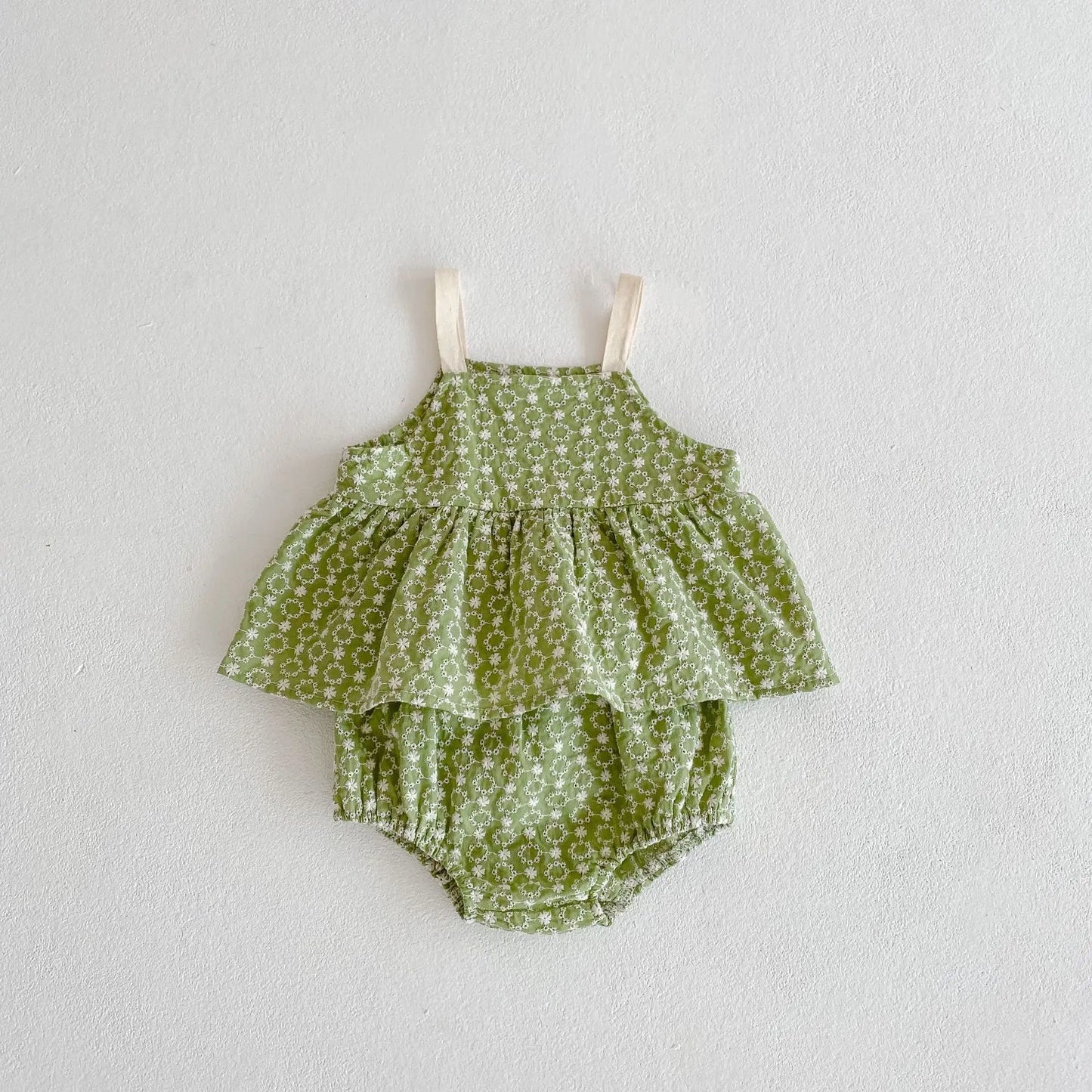 Summer Baby Girl Outfit – Chrysanthemum Jacquard Top & Bread Pants Set