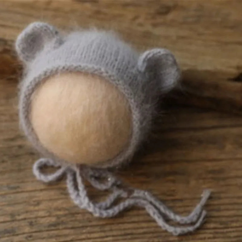 Fluffy Mink Thread Newborn Knit Hat with Ears Photo Prop