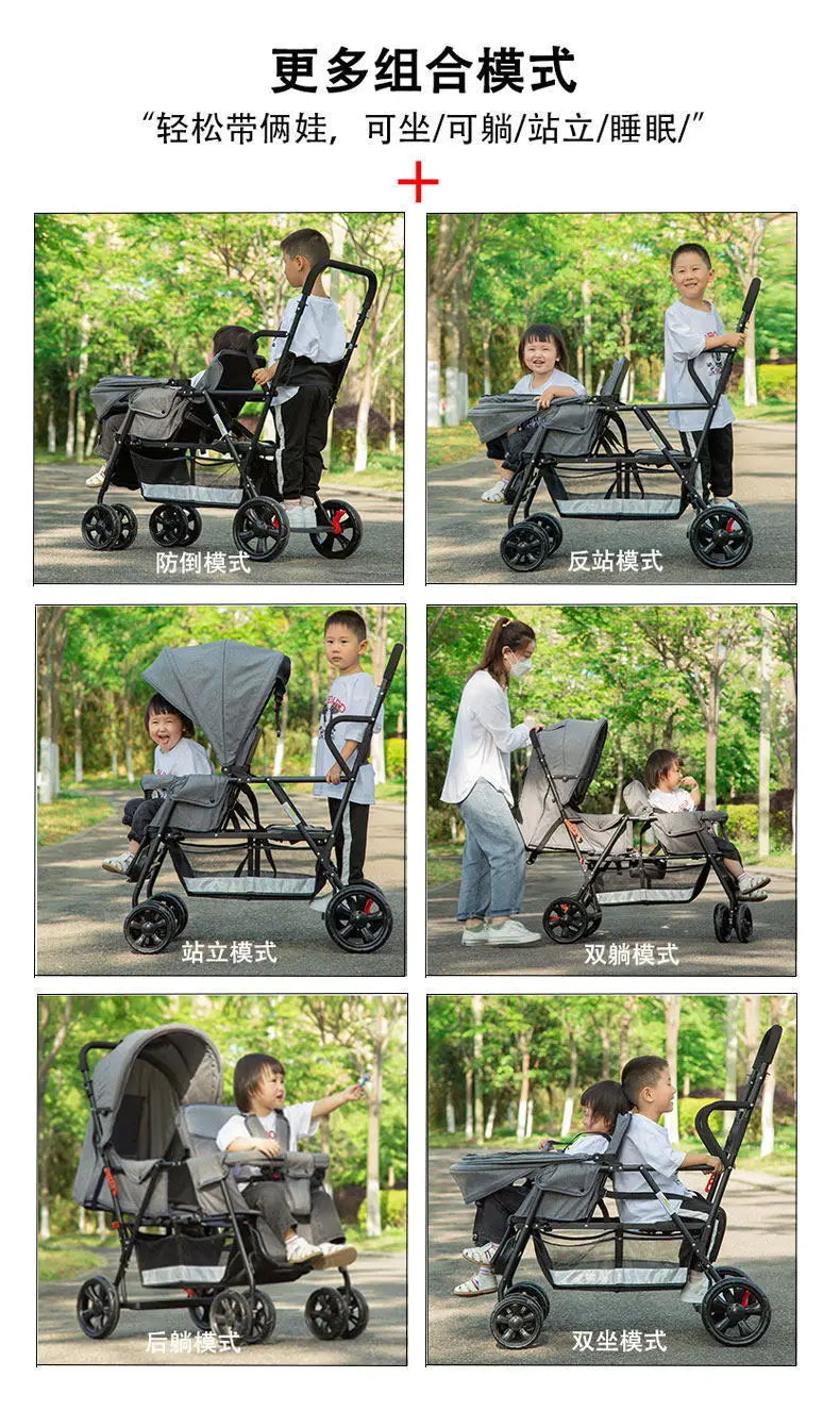 Twin Stroller Multifunctional Baby Stroller Lightweight Double Baby Stroller Foldable Two-way Double Stroller Four Wheel