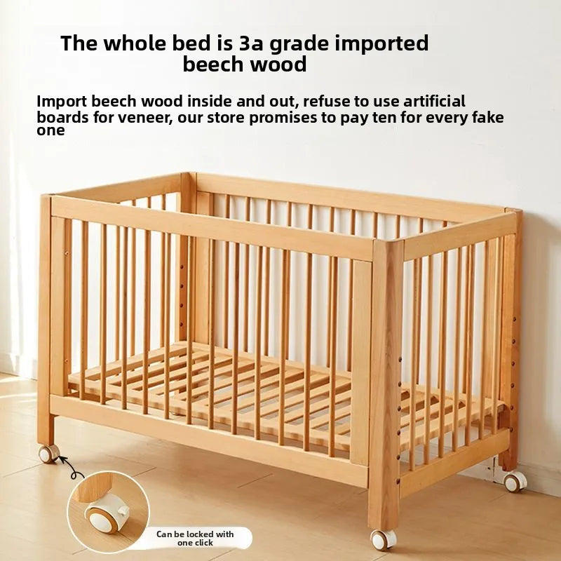 Adjustable Beechwood Baby Crib Convertible Bedside Sleeper with Guardrail Wheels Baby Bassinet Nest Bed Child Sleep with Wheels