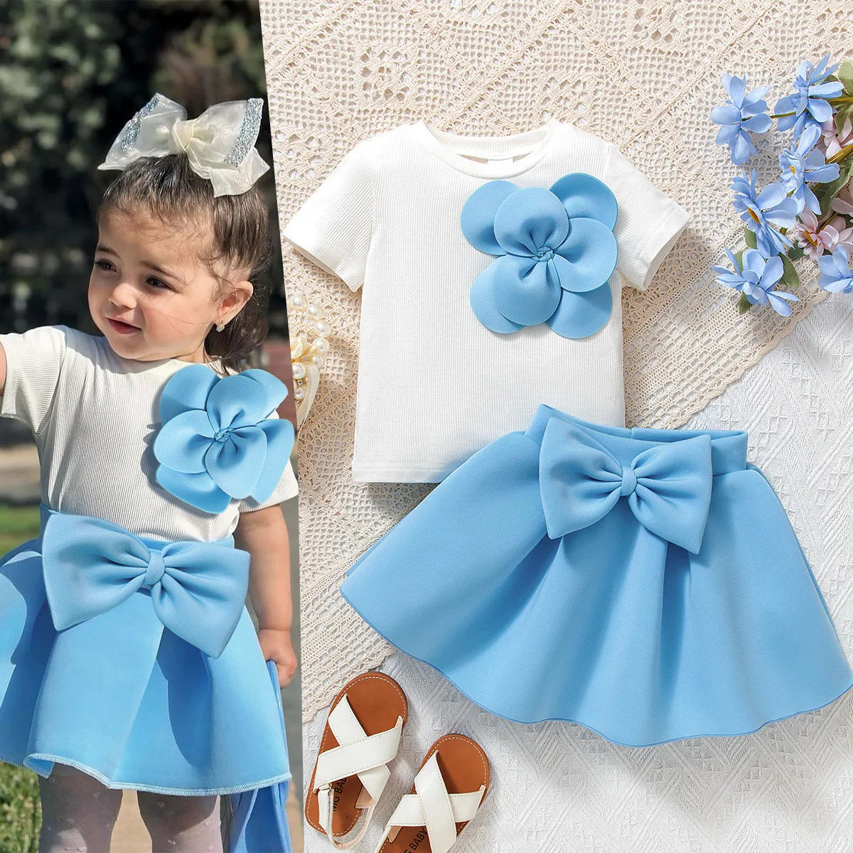 Toddler Girl 2PCS Summer Set – One-Shoulder T-Shirt & Skirt