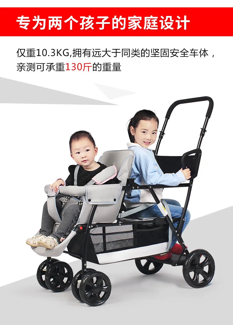 Twin Stroller Multifunctional Baby Stroller Lightweight Double Baby Stroller Foldable Two-way Double Stroller Four Wheel