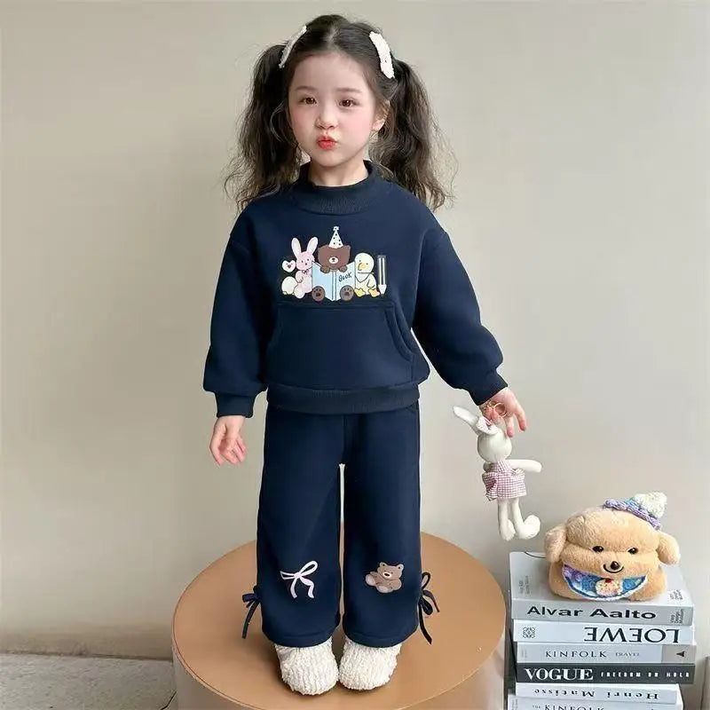 Children Girls Winter Outfits Kid Girls Animal Printed Fleece Sweatshirt 2PCS Clothes Bow Hem Velvet Warm Infant Babys Girl Pant