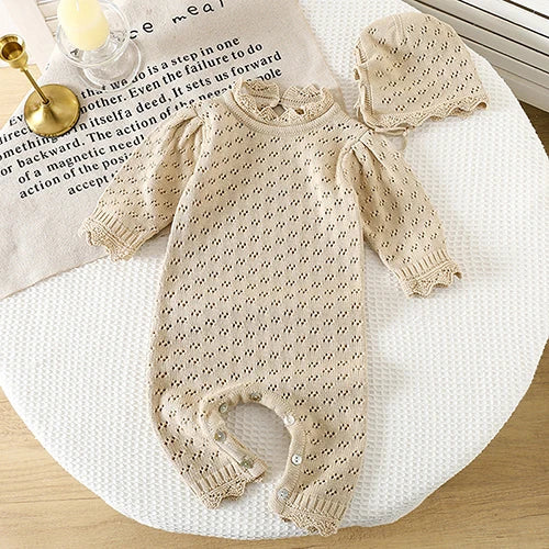 2025 New Autumn Children Clothes Infant Baby Girls Long Sleeved Splicing Knitted Jumpsuit Newborn Baby Knitted Bodysuits+Hat