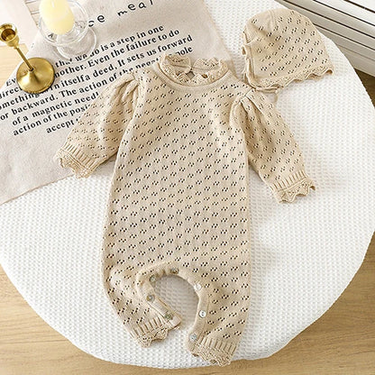 2025 New Autumn Children Clothes Infant Baby Girls Long Sleeved Splicing Knitted Jumpsuit Newborn Baby Knitted Bodysuits+Hat