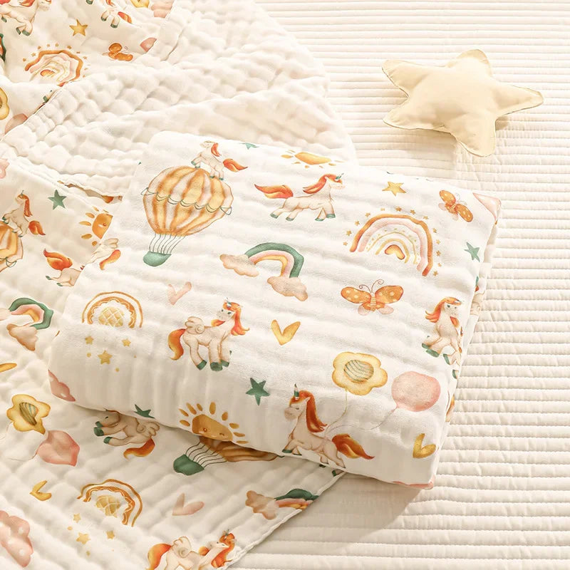 Cotton Gauze Baby Bath Towel 6 Layer Baby Blankets Super Soft Seersucker Yarn Absorbent Cartoon Printing Swaddle Blanket Bedding