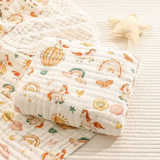 Cotton Gauze Baby Bath Towel 6 Layer Baby Blankets Super Soft Seersucker Yarn Absorbent Cartoon Printing Swaddle Blanket Bedding