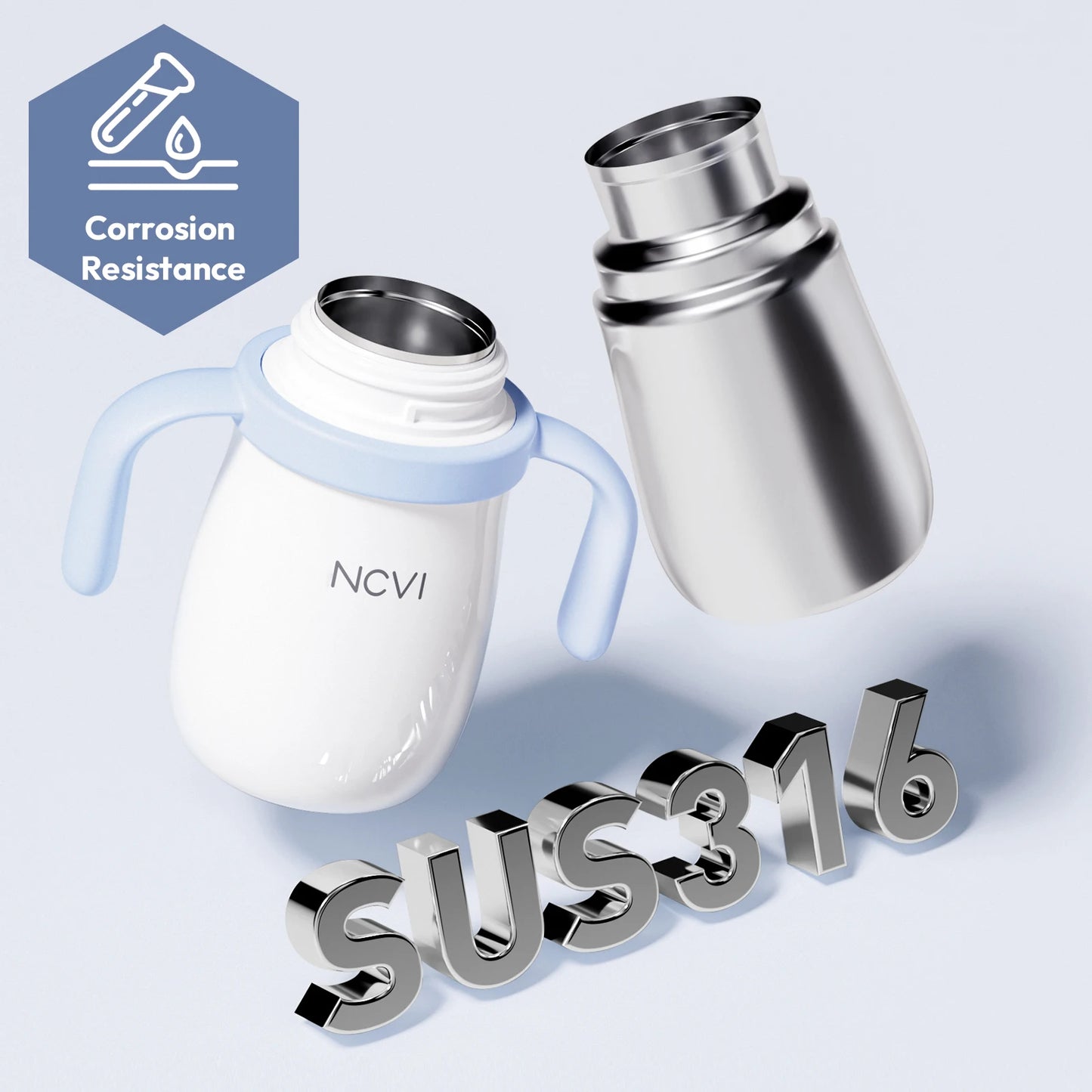 NCVI Kids Stainless Steel Straw Cup for Toddler 1-3 Years Old, Blue 10floz, BPA-Free, Easy to Clean, Adjustable Shoulder Strap