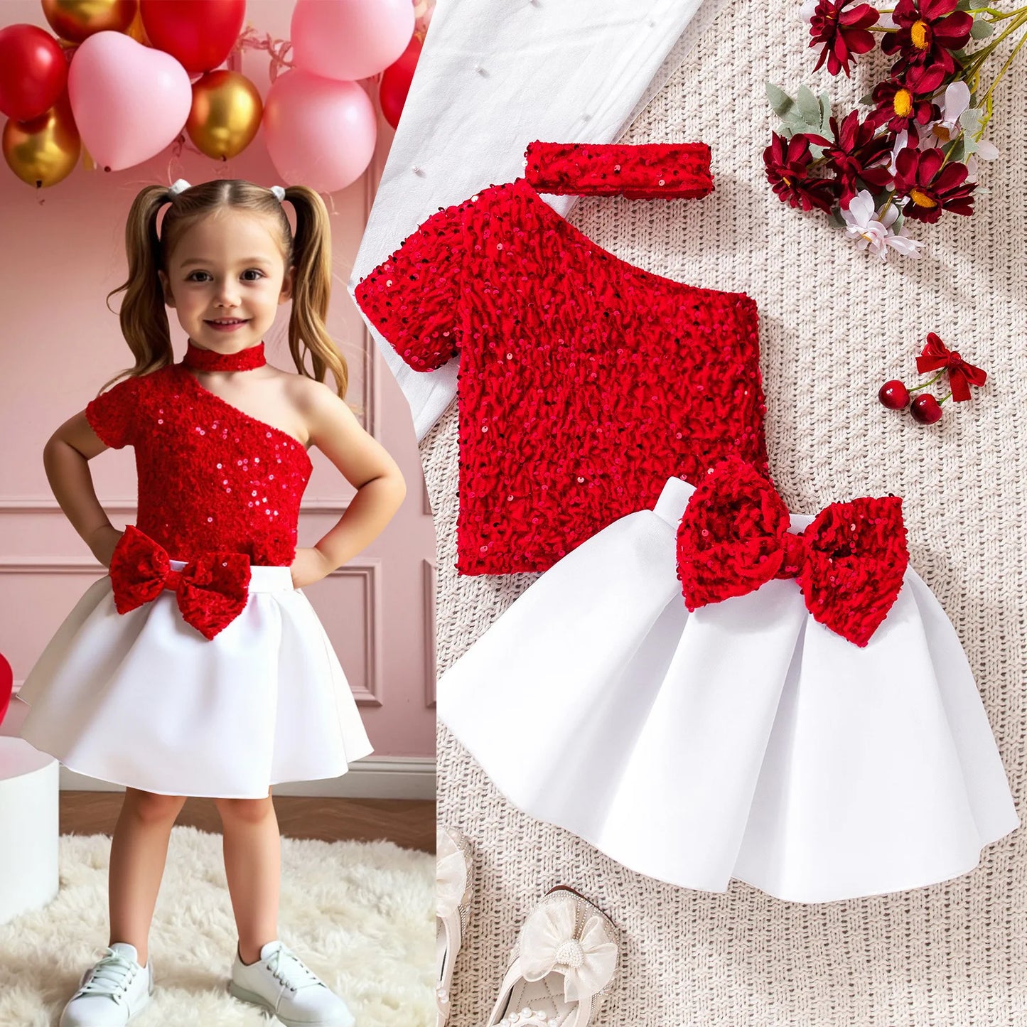 Toddler Girl 2PCS Summer Set – One-Shoulder T-Shirt & Skirt