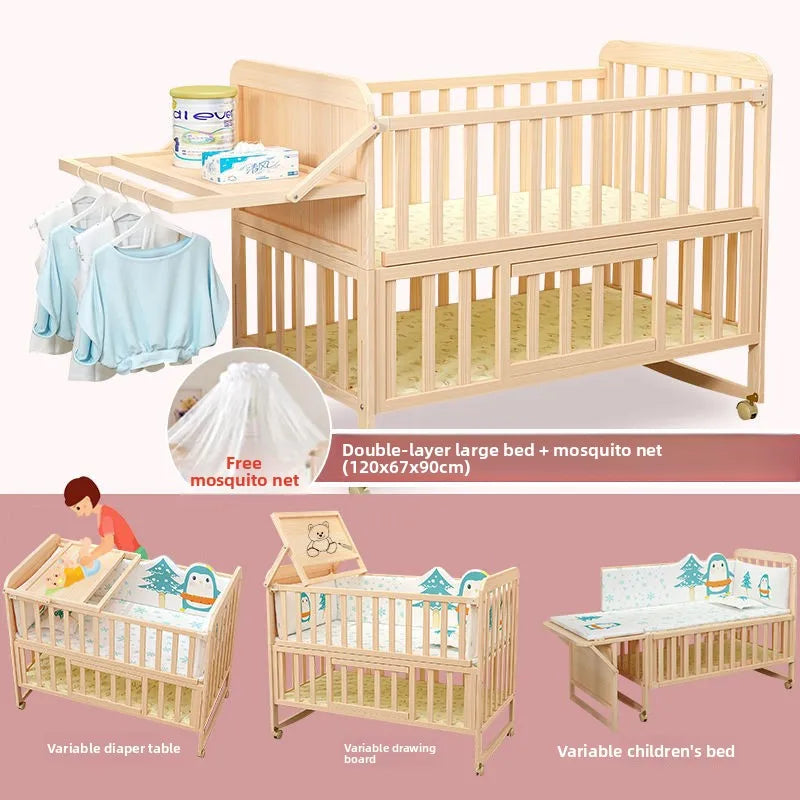 Solid Wood Baby Crib Convertible Toddler Bed Movable Newborn Bassinet Cradle Multi Functional Infant Bed For Babies Boys Girls