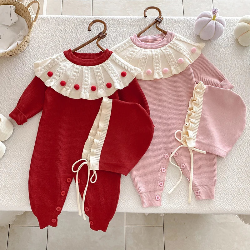 2025 New Autumn Children Clothes Infant Baby Girls Long Sleeved Splicing Knitted Jumpsuit Newborn Baby Knitted Bodysuits+Hat