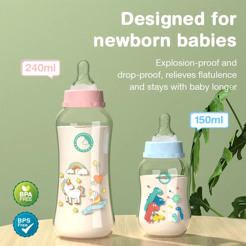 150/240ML Baby PP Bottle Wide Mouth Newborn Baby Bottle with Handle Baby Milk Bottle Newborn Pattern Baby Cup BPA Free