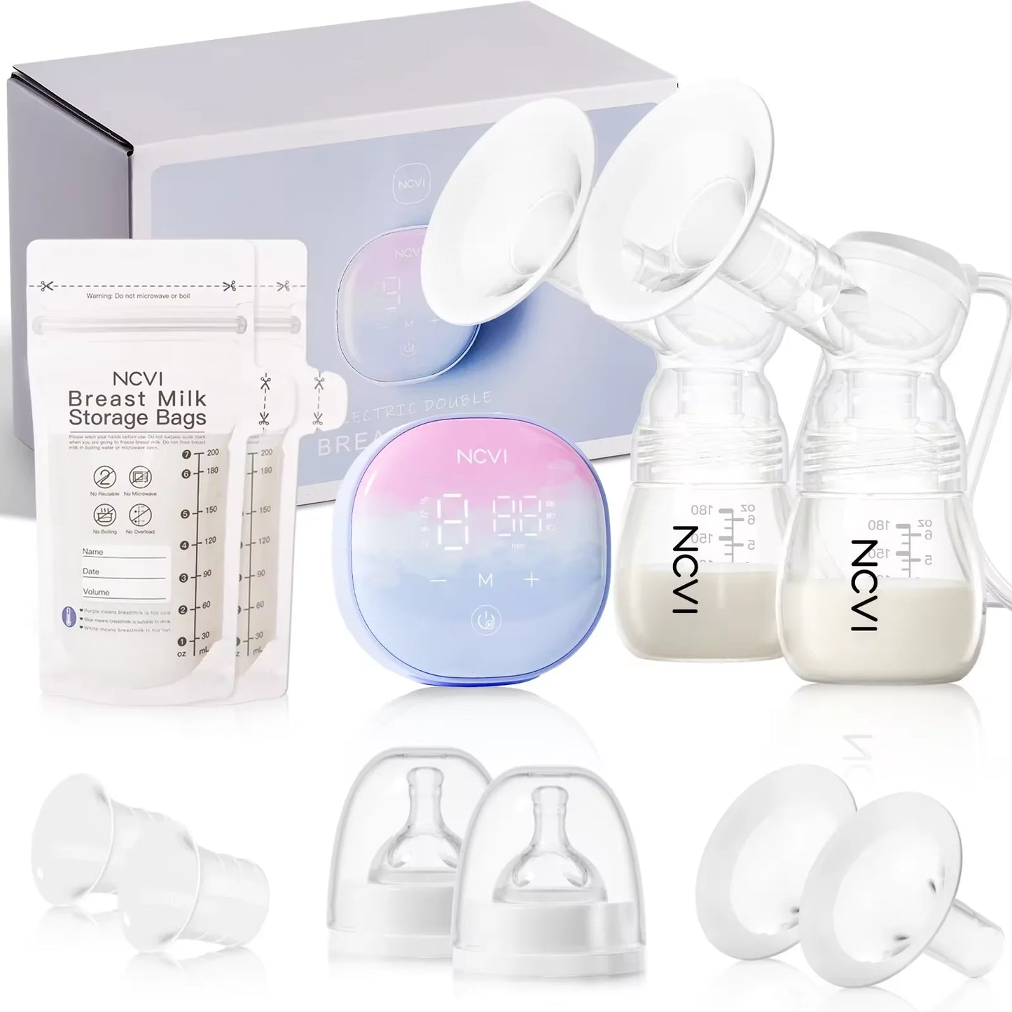 NCVI Double Electric Breast Pump, LED Display, 10pcs Breastmilk Storage Bags