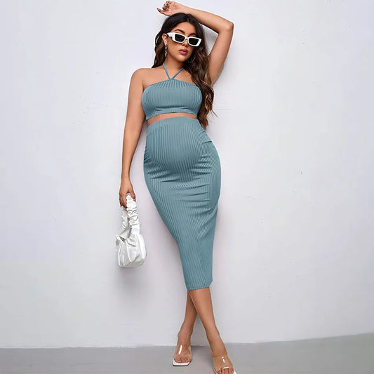 Maternity Clothing Sets Knitted Ribbed Suspender Top Paired with Pencil Skirt Adjustable Belt and Comfortable for Pregnant Women