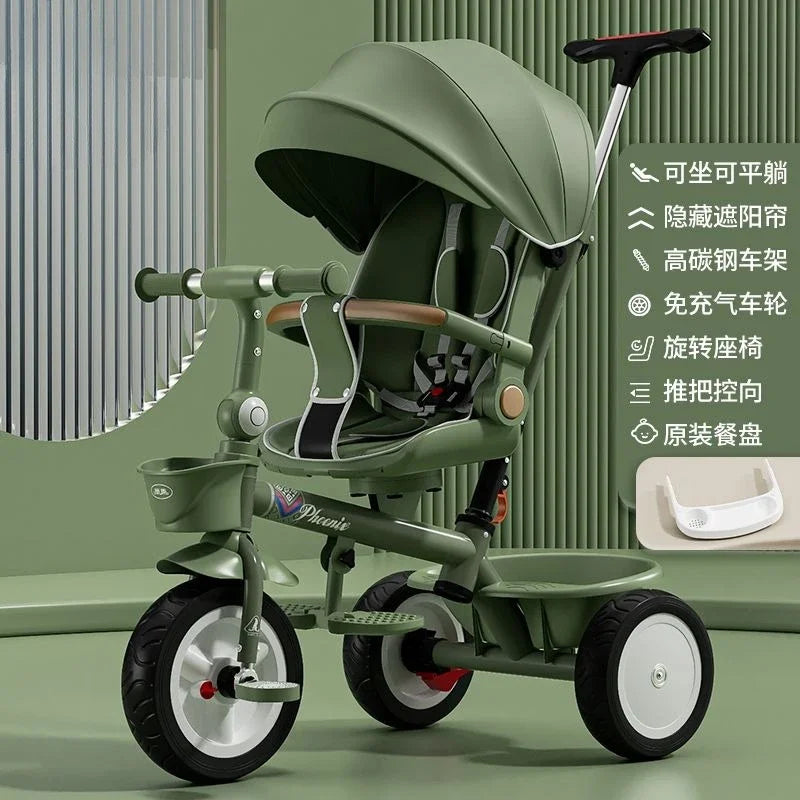 Premium Baby Tricycle 1-6 Years Old Kids Parent Push Handle Large Seat Adjustable Canopy Safety Belt Ride Outdoor Stroller Bike