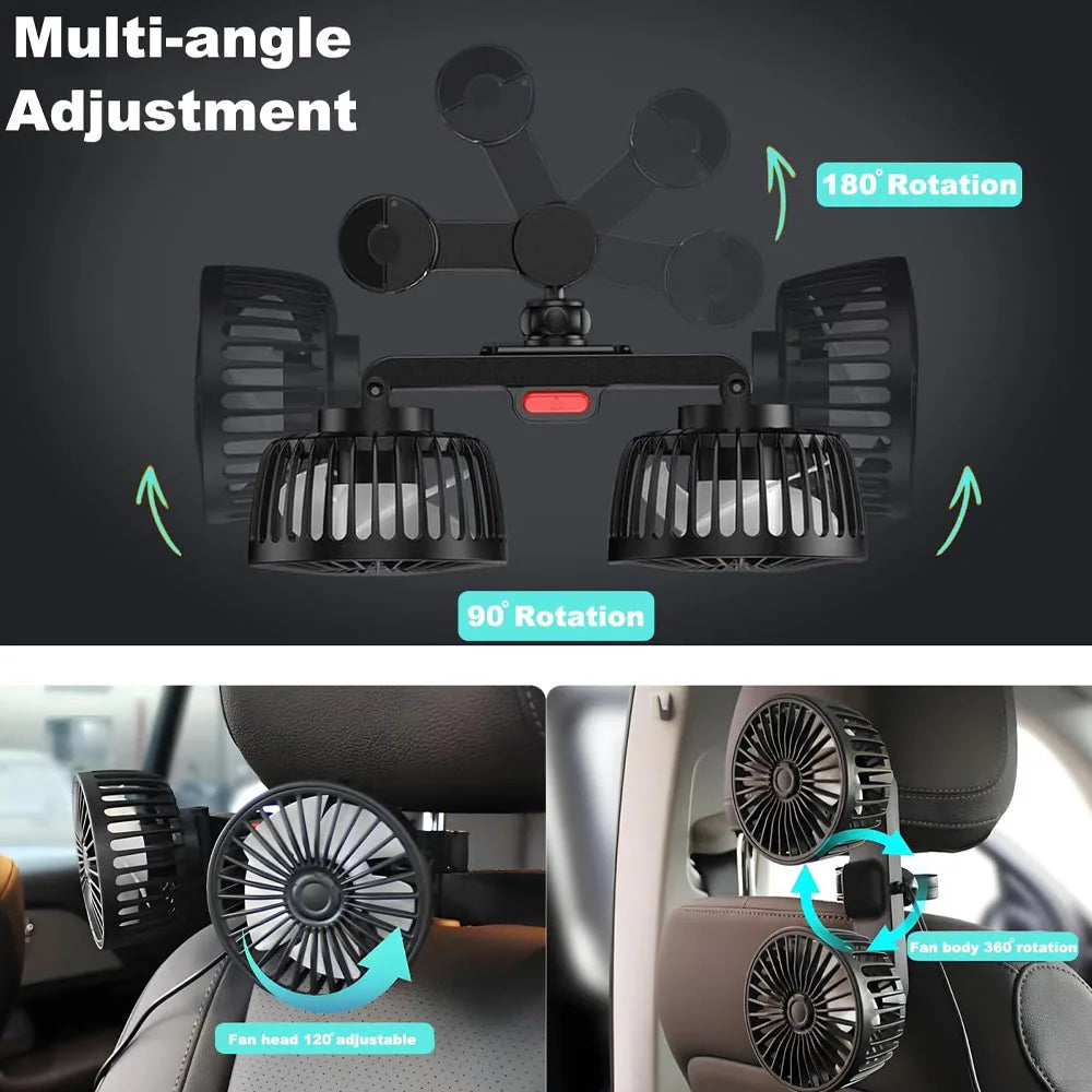 New Car Fan 3-speed Car Seat Back Cooling Fan 360° Rotation Double Head Car Back Seat Fan 5 Fan Blades for Summer Car Accessorie