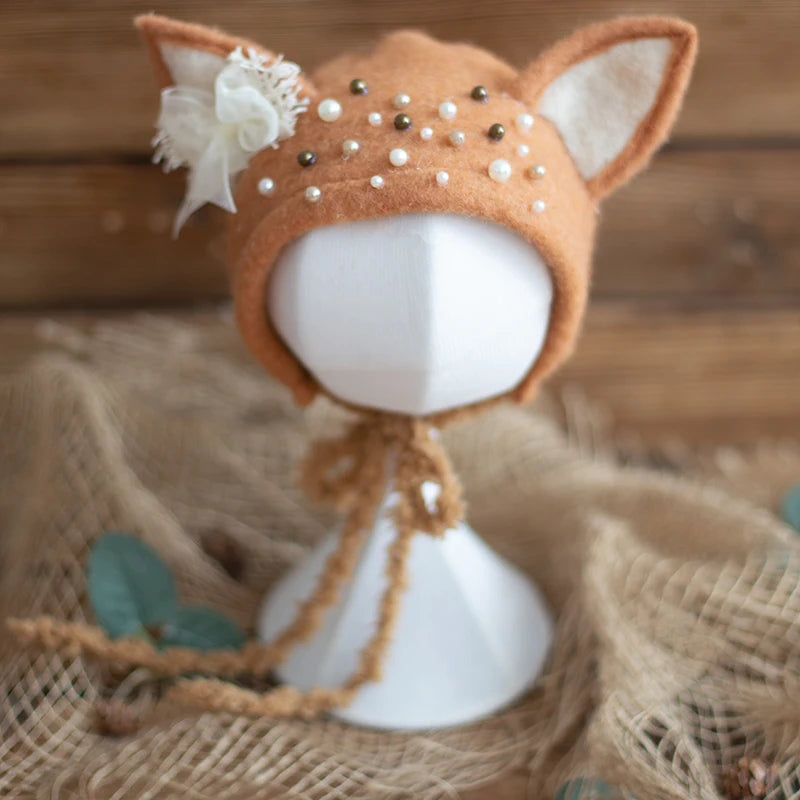 Cute Fox Flower Bonnet Newborn Wool Felt Photo Prop